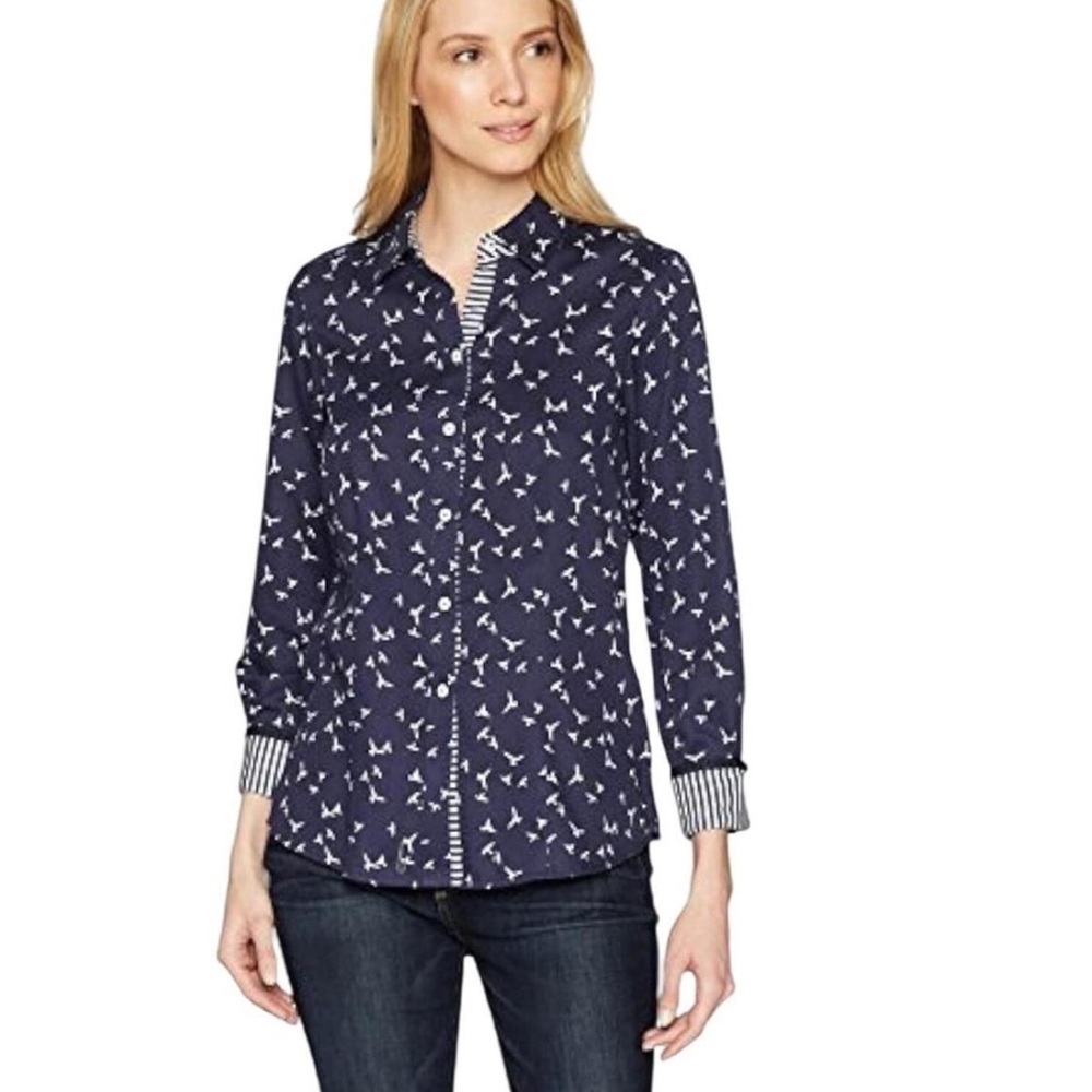 Foxcroft Shirt Womans S Blue Seagulls Birds Nautical 3/4 Sleeve Button Front